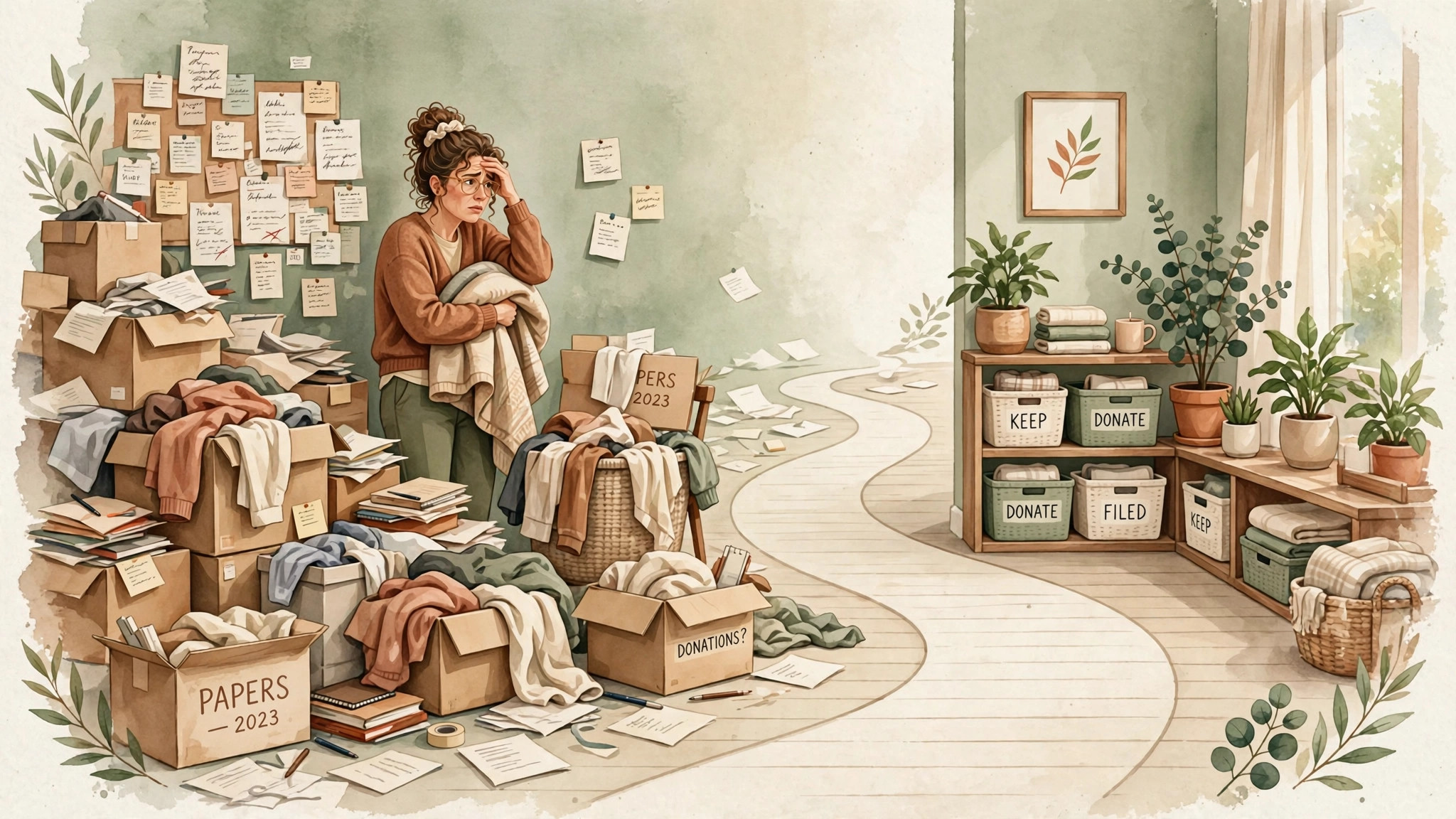 Woman in a cluttered room finding a clear path to a bright tidy corner — decluttering with ADHD
