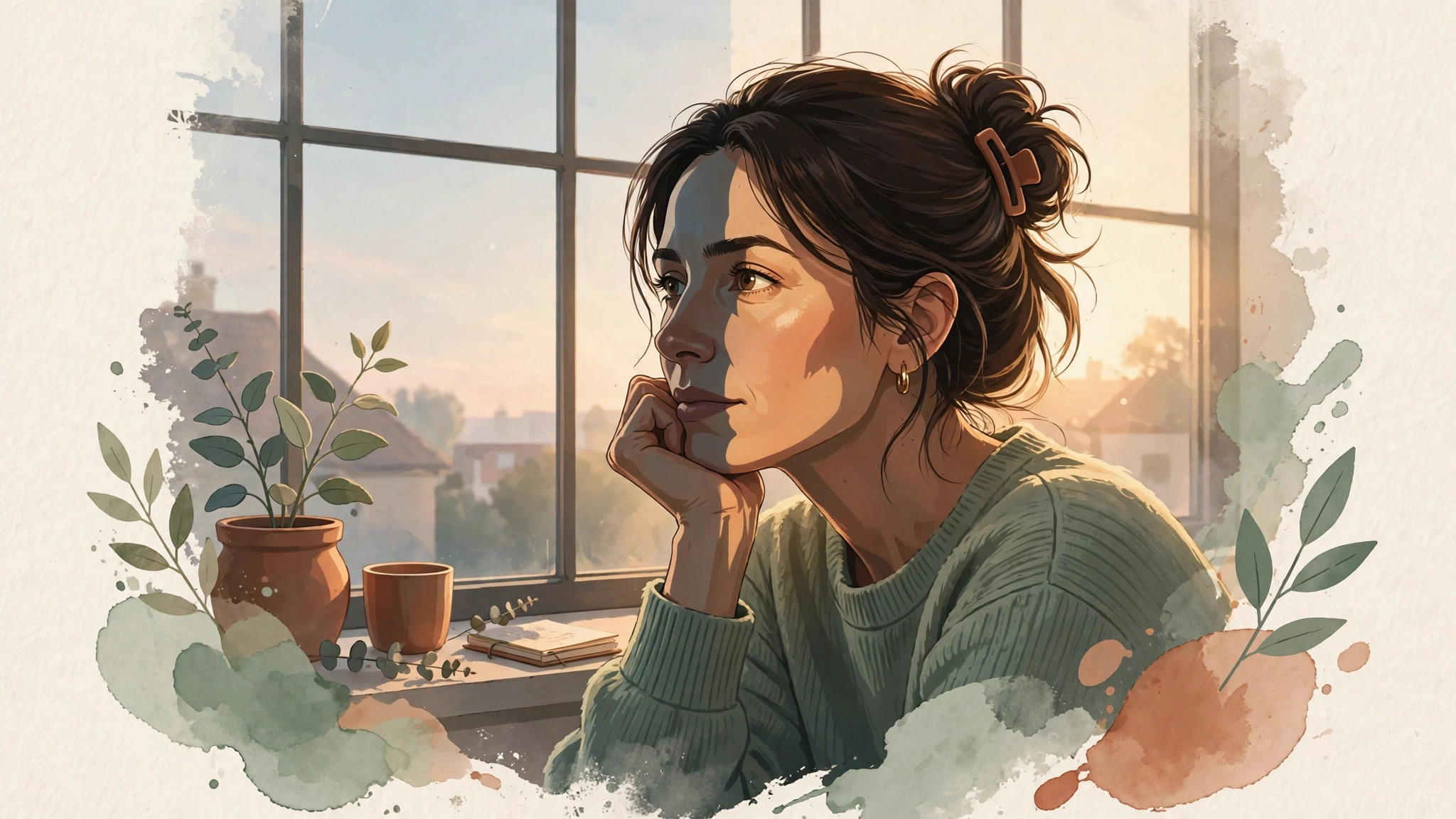 Woman looking out a window at dawn, finding hope after years of struggle with undiagnosed ADHD